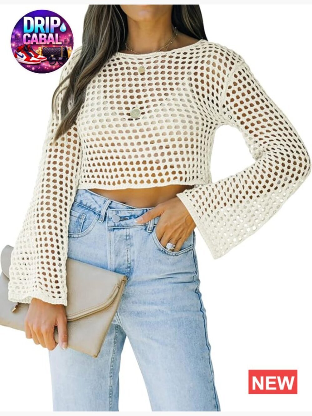 Women's Fishnet Crochet Crop Top Long Sleeve See Through Mesh Bikini Cover Up